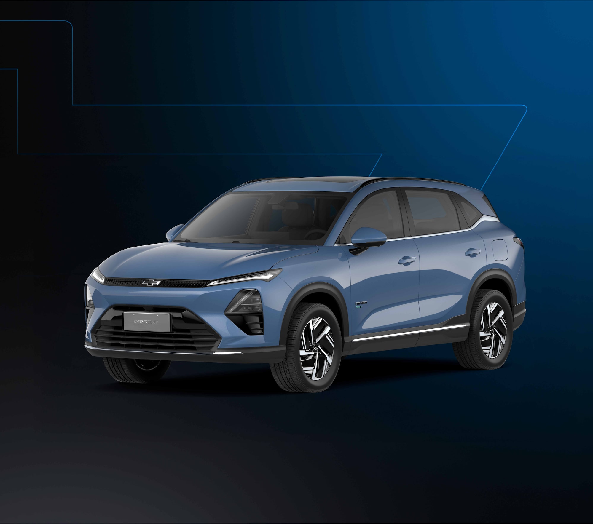 Chevrolet Captiva PHEV en color azul alba sobre un fondo en degrade color negro y azul, con detalles en celeste. 