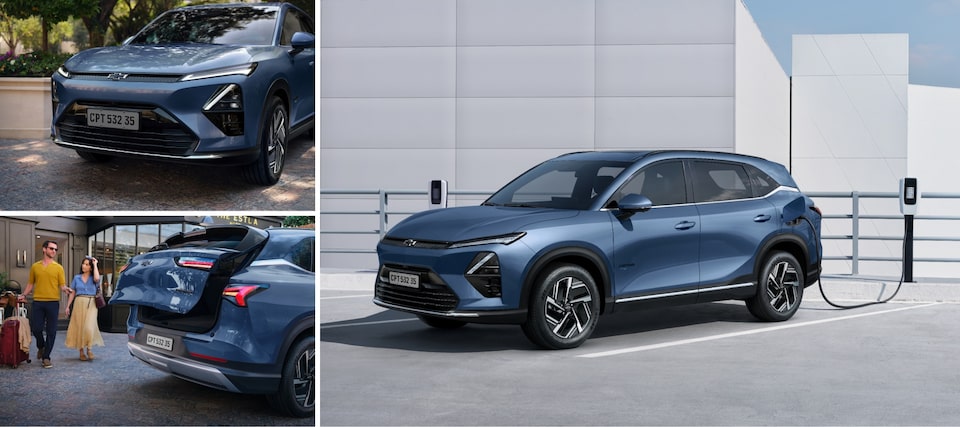 Collage de tres imágenes de la Chevrolet Captiva PHEV: la primera mostrando su frente, la segunda su baúl y la tercera su carga eléctrica.