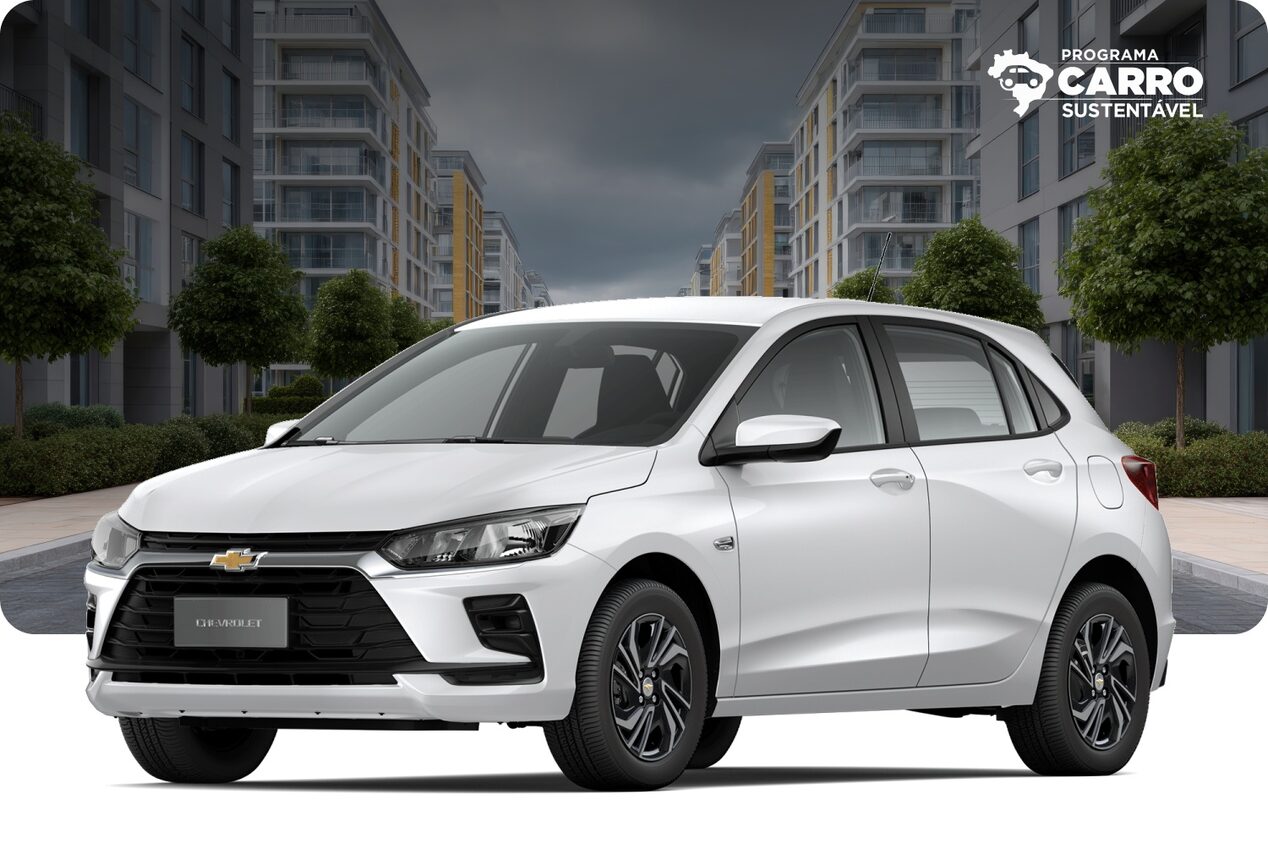 Chevrolet Onix MT na cor Branco Summit, em rua residencial moderna.