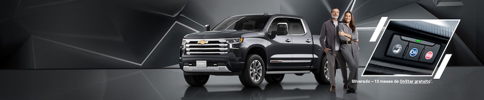 Propaganda da Chevrolet apresentando uma picape prata sobre fundo geométrico cinza.