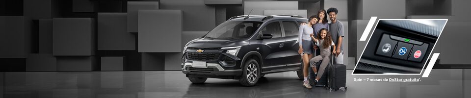 Fundo geométrico escuro com carro exposto. O texto destaca Spin 0km 2026: Conforto, segurança e conectividade. Com 7 lugares, Wi-Fi a bordo e frenagem automática, o Spin 2026 oferece ainda mais espaço.