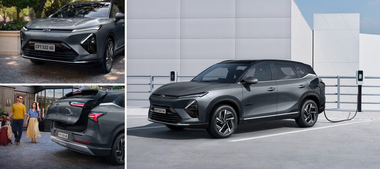 Montagem com três imagens do SUV Chevrolet Captiva EV: uma mostrando a dianteira do carro, outra com o porta-malas aberto e um casal com malas, e a terceira com o veículo sendo carregado em um ponto de recarga elétrica.