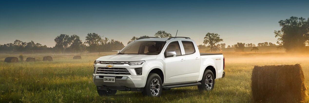 Caminhonete S10 Chevrolet branca estacionada em um campo gramado com fardos de feno e árvores ao fundo. 