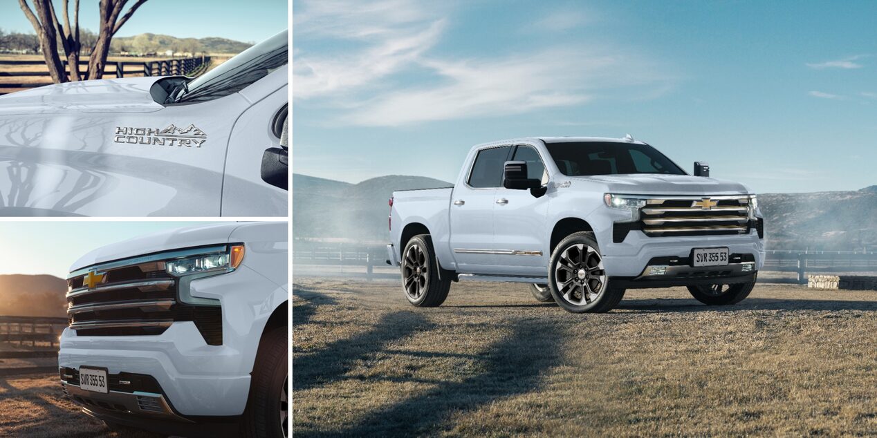 Imagem de uma Silverado em uma estrada de terra, detalhes da grade frontal e farol da Silverado e zoom no emblema Hight Country.
