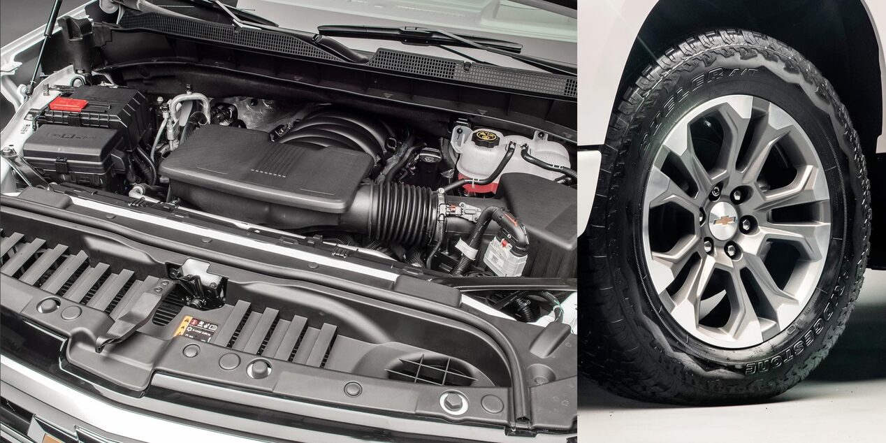 Imagem do motor de uma Silverado High Country, junto da roda em 1/3 da imagem.