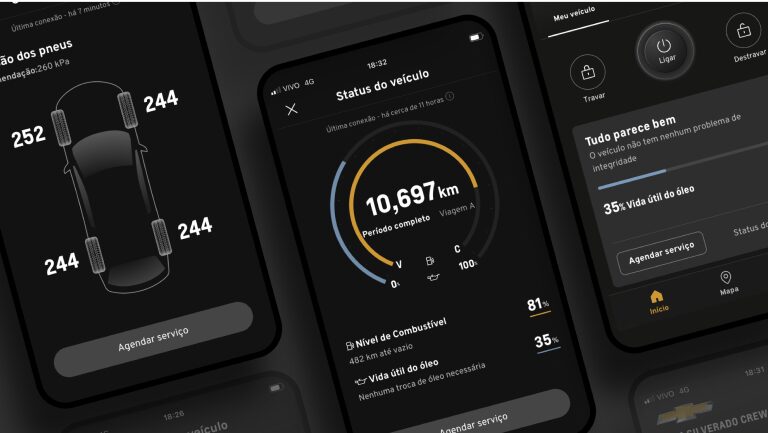 Tela de smartphone mostrando o painel do aplicativo myChevrolet com informações de autonomia de bateria, status de carregamento e controle remoto do veículo elétrico.