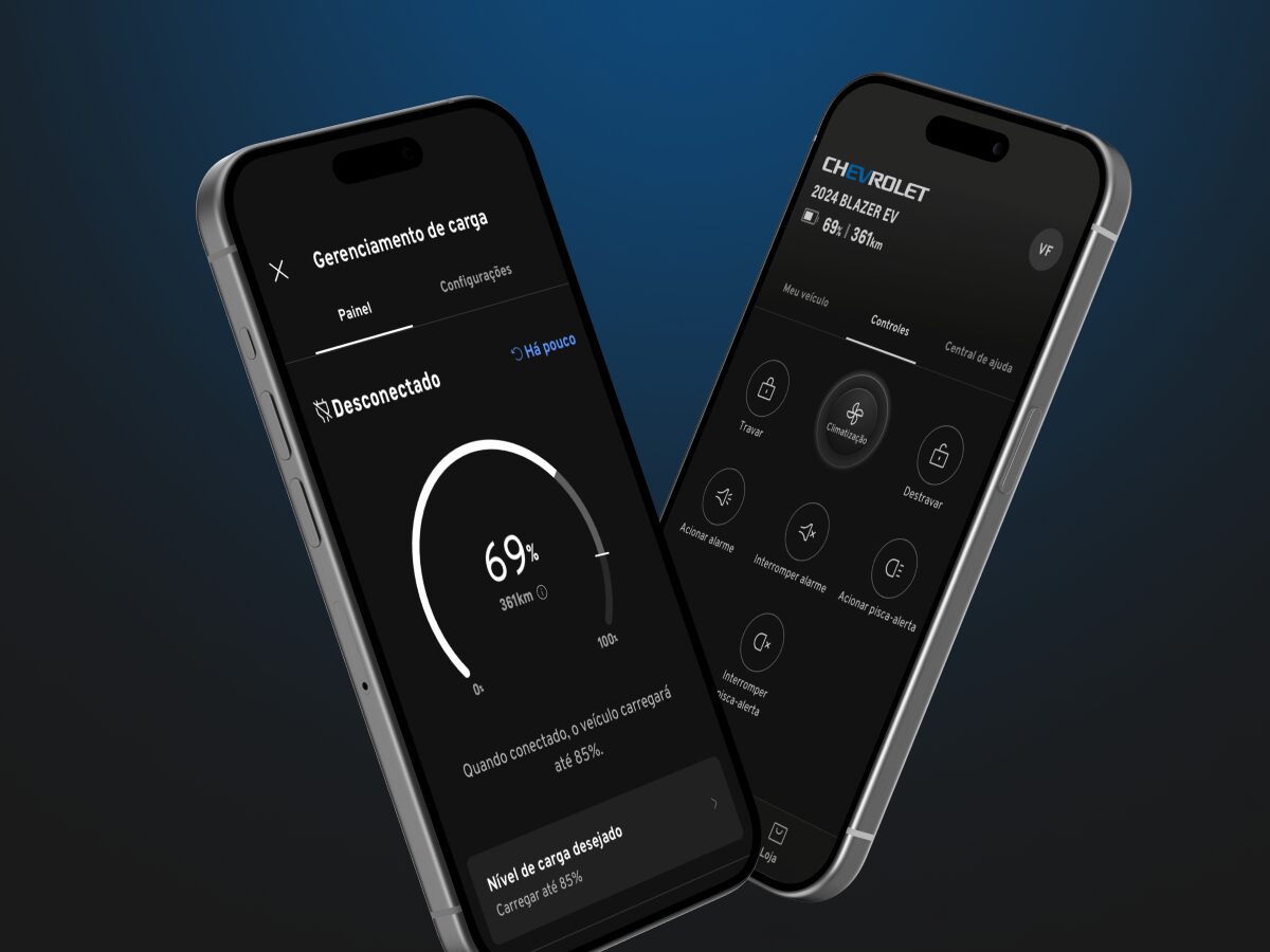 Dois smartphones exibindo o aplicativo da Chevrolet, com tela de carregamento de bateria elétrica em 69% e opções de controle do veículo.