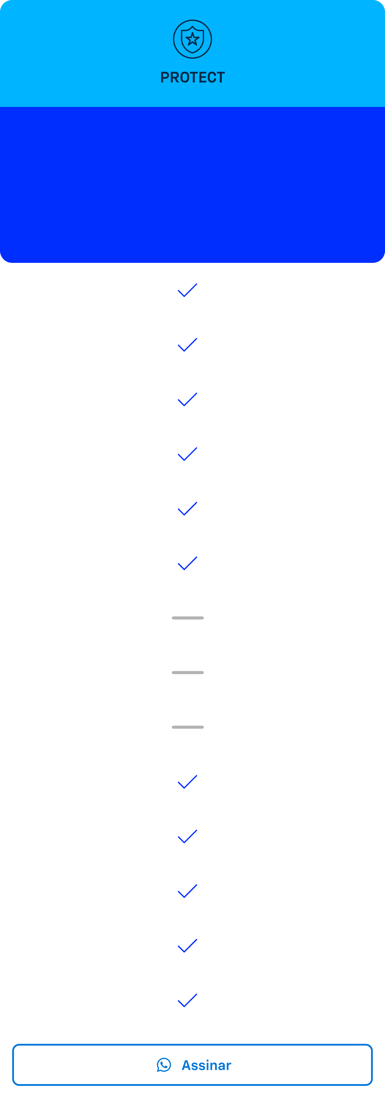 Card azul com texto Protect. Oferta de plano OnStar por R$124,90 mensal ou plano anual por R$1.249,90 com 2 meses grátis.