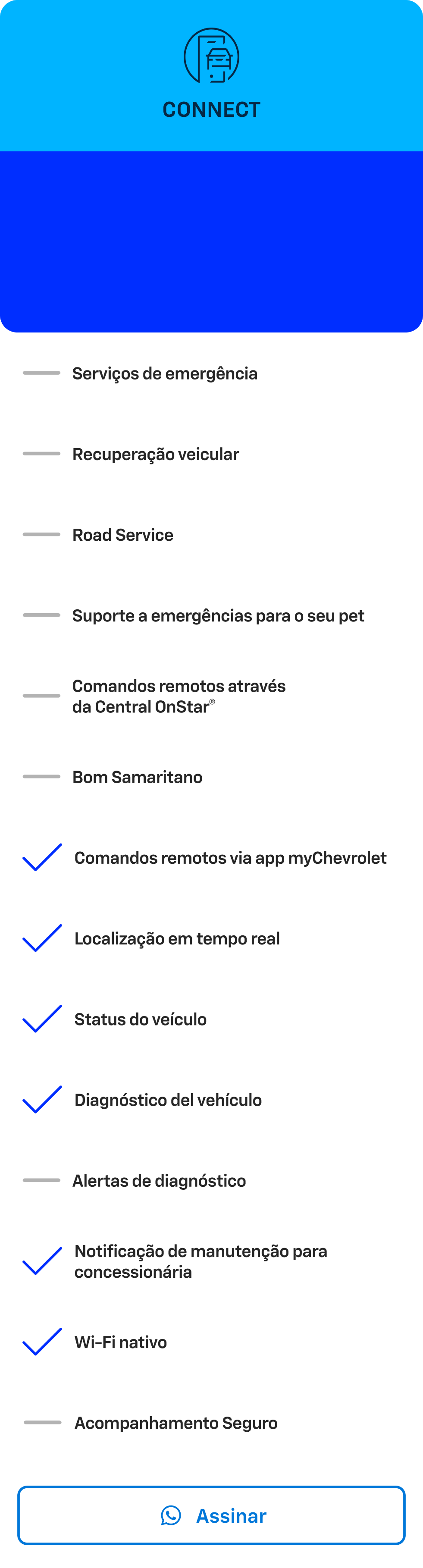 Card azul com texto Connect. Oferta de plano OnStar por R$104,90 mensal ou plano anual por R$1.049 com 2 meses grátis.