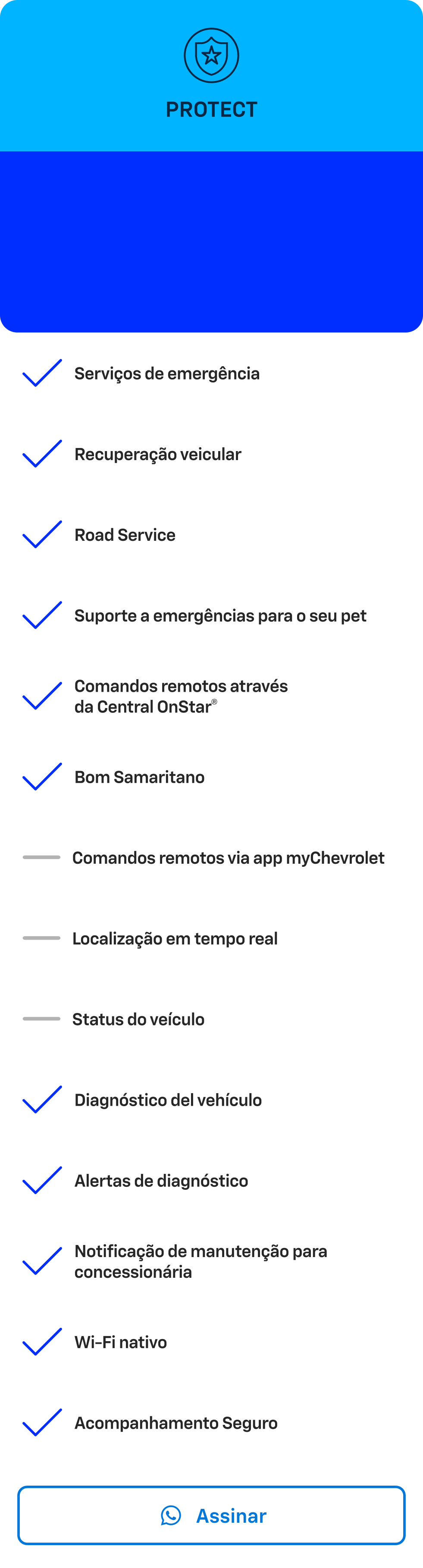 Card azul com texto Protect. Oferta de plano OnStar por R$124,90 mensal ou plano anual por R$1.249,90 com 2 meses grátis.
