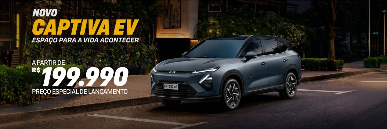 Banner campanha de varejo do novo Chevrolet Captiva EV. O veículo aparece em foto ambientada, estacionado na rua e posicionado no centro da imagem. À esquerda, o texto: Novo Captiva EV: espaço para a vida acontecer; logo abaixo, o valor: a partir de 199 mil, 990 reais - preço especial de lançamento; encerrando a composição, o botão de comprar agora.