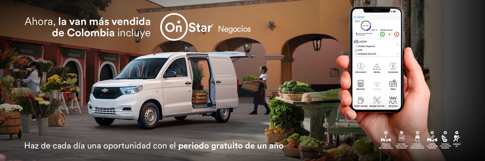 Van Chevrolet blanca promocionada como la más vendida de Colombia, junto a un celular que muestra las funciones del servicio OnStar Negocios.