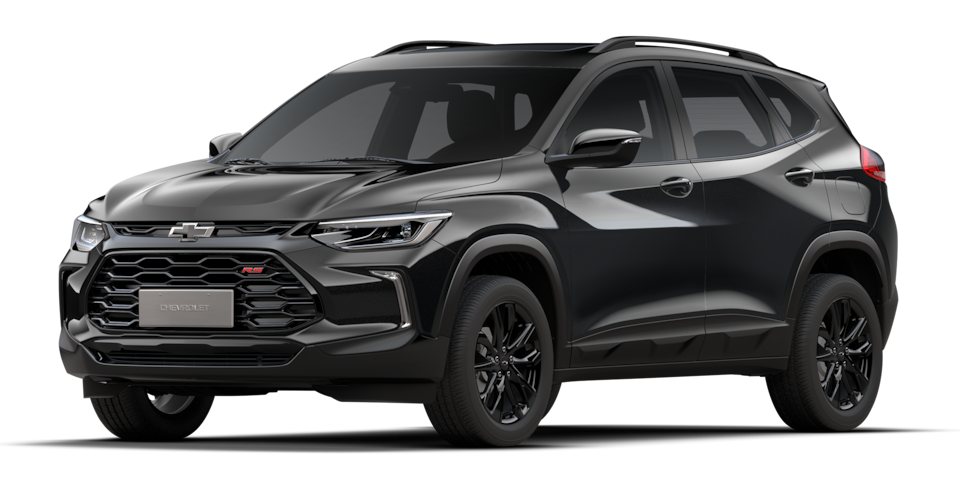 Vista frontal del Chevrolet Tracker RS 2025 en color negro con diseño deportivo y llantas negras, ideal para quienes buscan estilo y potencia en un SUV compacto