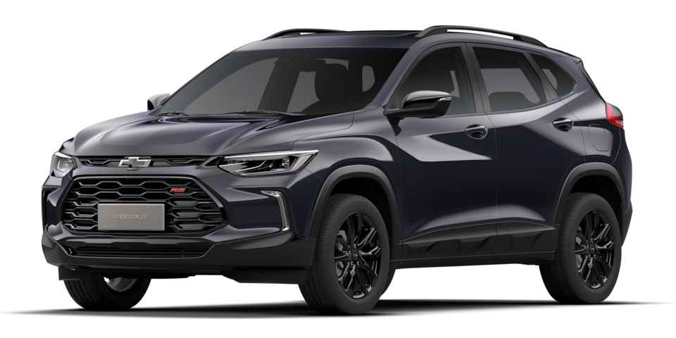 Vista frontal del Chevrolet Tracker RS 2025 en color azul oscuro con diseño deportivo y llantas negras, ideal para quienes buscan estilo y potencia en un SUV compacto