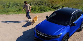 Chevrolet Groove estacionada sobre la cima de un mirador, vista desde arriba, junto a un hombre y su perro corriendo a un costado. 