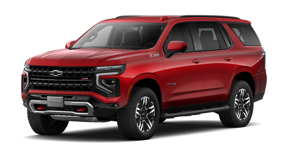 Chevrolet Tahoe Z71 en color rojo vista frontal lateral, mostrando su diseño robusto y tecnología 4x4