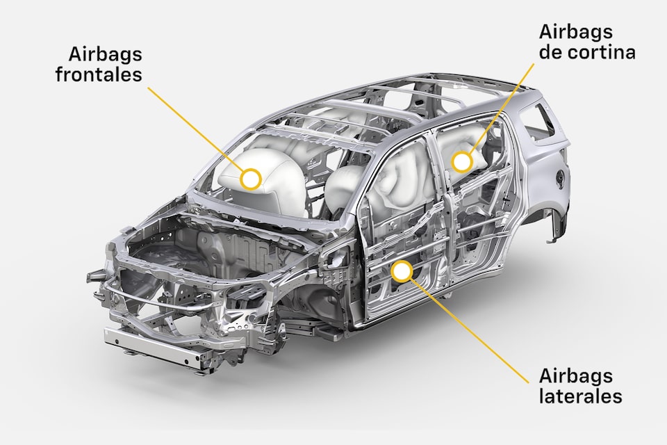 Vista superior del chasis de la Chevrolet Trailblazer mostrando todos los airbags que tiene.