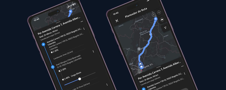 Imagen de dos teléfonos móviles, uno al lado del otro, mostrando características de la app myChevrolet.